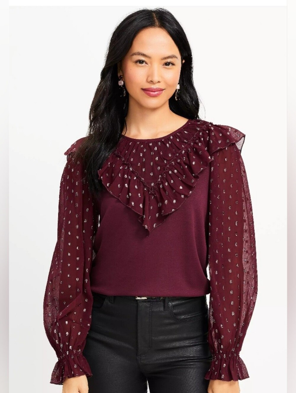 LOFT Plum Ruffle Front Long-Sleeve Blouse